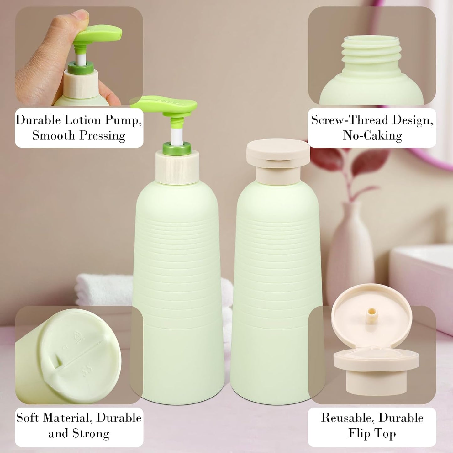13.4oz Travel Shampoo Bottle with Flip Cap, Refillable Plastic Pump Bottles Dispenser for Soap, Shampoo, Lotions, Liquid Body Wash, Creams and Massage Oil (2 Pack, 13.5oz/400ml)