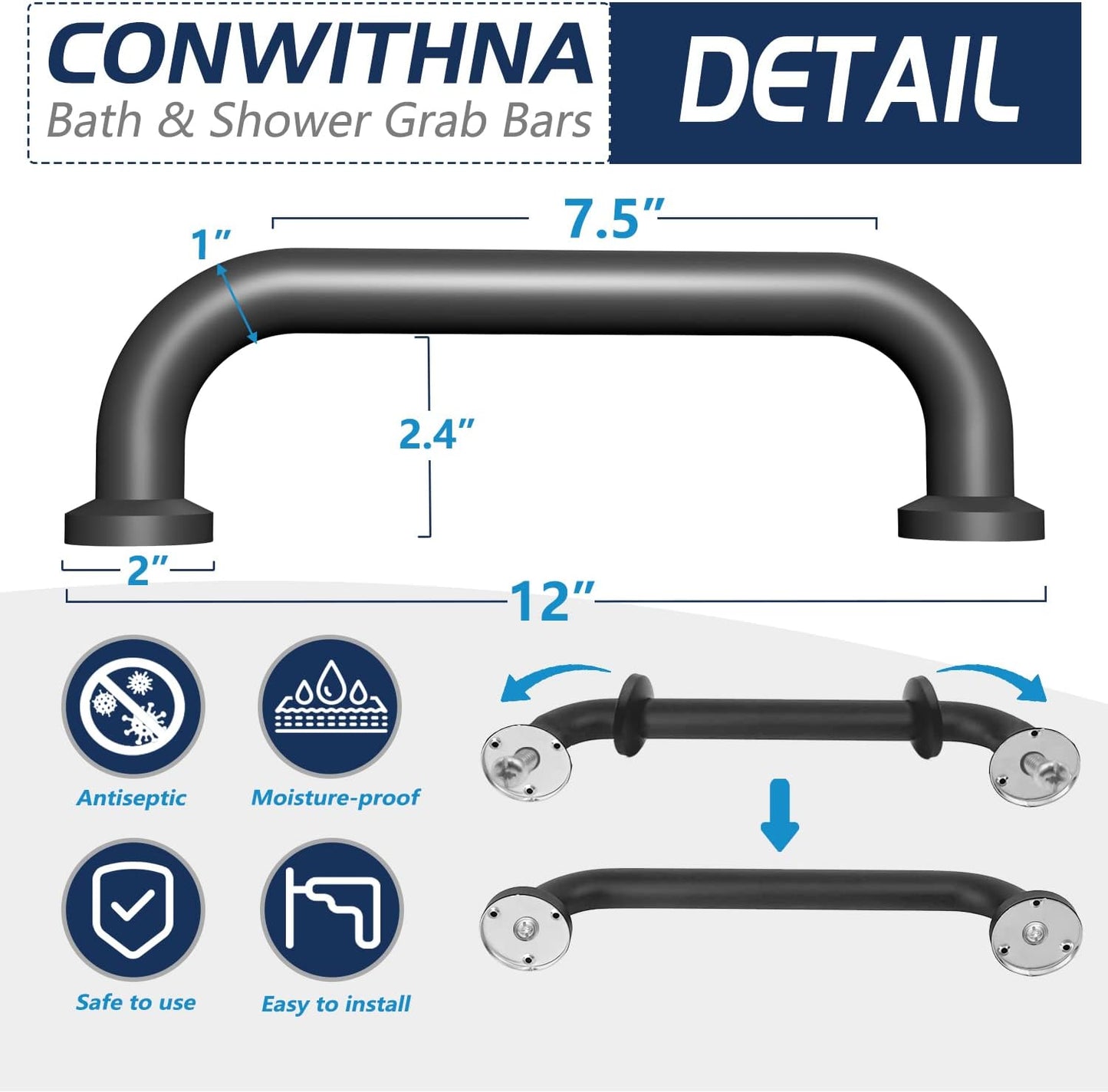 Safety Handle Bar Iron Outdoor Deck Rail Banister Bath Shower Indoor & Outdoor Deck Hand Rail 500LBS Load Capacity Wall Mount Stainless Steel 2 Pack