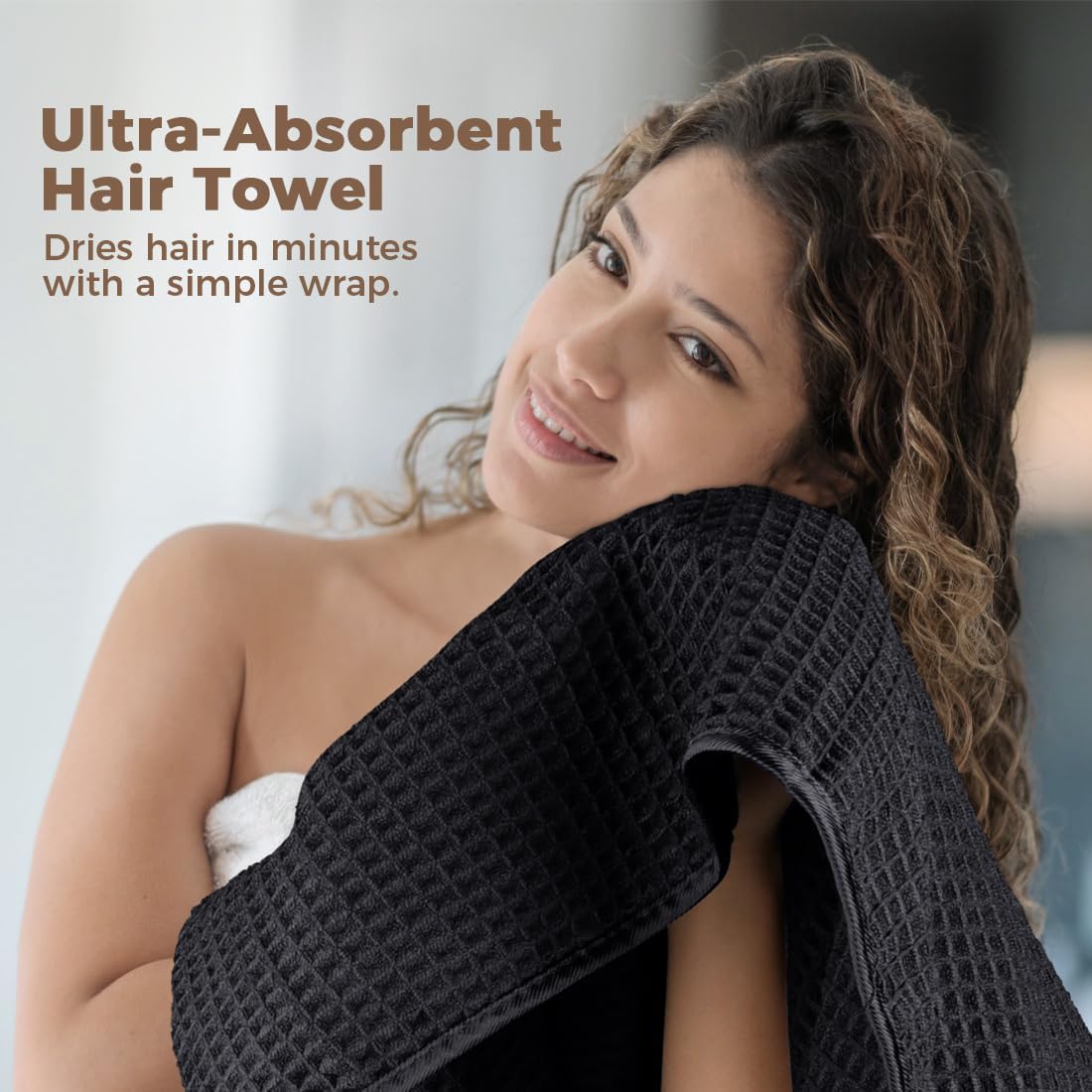 HOMEXCEL 2 Pack XL Microfiber Hair Towels Waffle Weave- 40 x 26.5 inches Fast Drying Turbans for Long, Thick, Curly Hair - Anti Frizz Wrap with Elastic Strap, Black/Grey