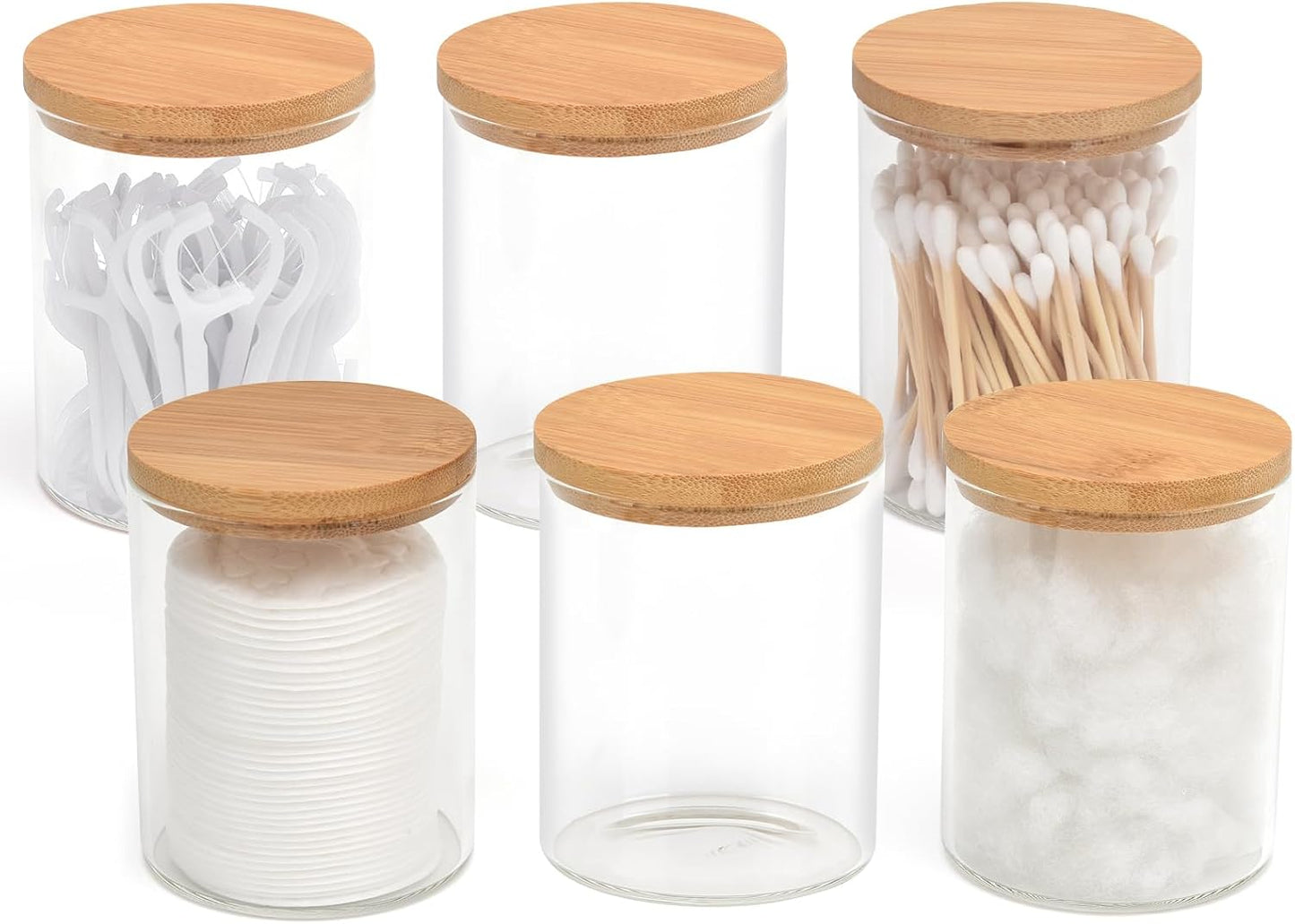 6 Pack Glass Qtip Holder Dispenser Set - Apothecary Jars with Lids for Vanity Makeup Organizer - Bathroom Canister Storage Organizer for Cotton Ball, Cotton Swab, Cotton Round Pads,Floss
