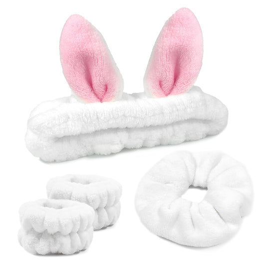 Face Wash Headband, Skincare Wrist Bands For Washing Face Set Spa Hair Bands come with a Hair Scrunchie, Cute White Rabbit Ears Elastic Headband, For Face Washing Makeup Skincare (White)