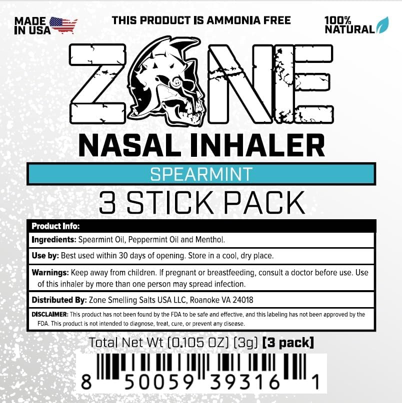 Zone Essential Oil Nasal Stick – Natural Mood Boosting Ingredients - Ultra Cool Refreshing Sensation, Made in USA (Essential Oils and Menthol) (Spearmint 3 Pack)