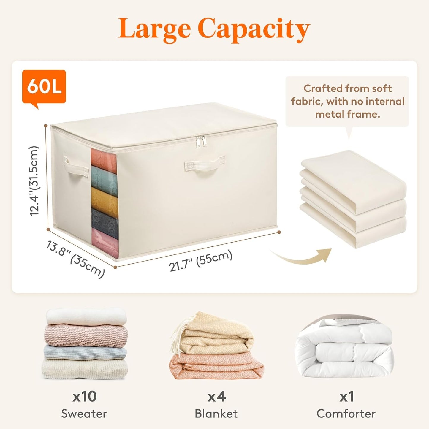 Lifewit Canvas Cotton Comforter Storage Bags with Zipper 6 Pack, 60L Breathable Foldable Clothing Containers, Linen Sweater Organizers Boxes for Clothes, Blankets, Pillows, Duvets, Bedding