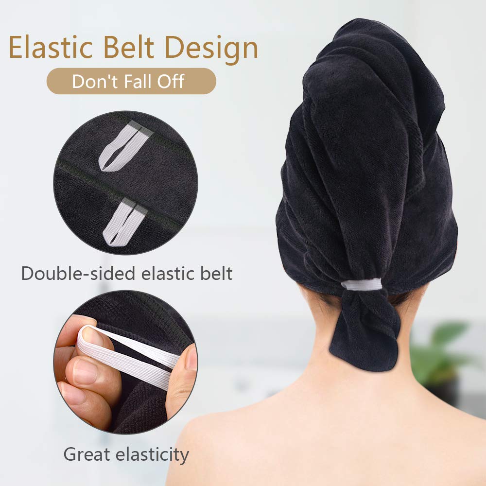 SUNLAND Microfiber Hair Towels Anti Frizz Hair Drying Towel Super Absorbent Fast Drying Turbans for Wet and Curly Soft Head Towel Wrap with Elastic Band 24 inch X 43 inch Black
