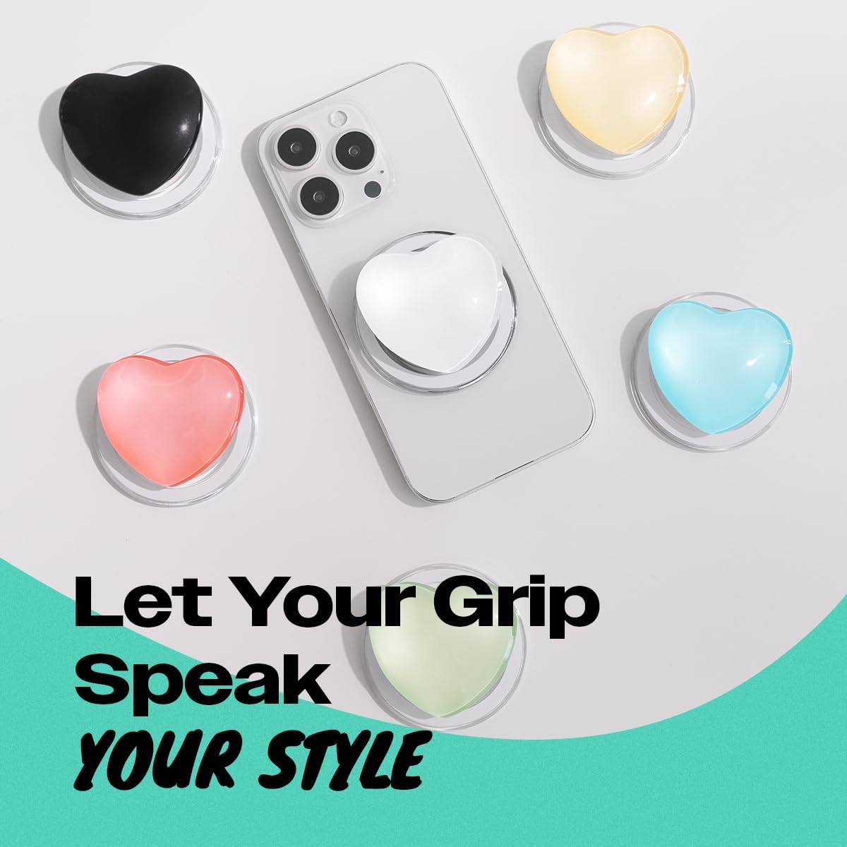OnTheGrip Compatible with Magsafe Magnetic Cute Glass Heart Design Collapsible Mobile Phone Grip Stand Holder for Smartphone Tablet Cell Phone Accessory (Black)