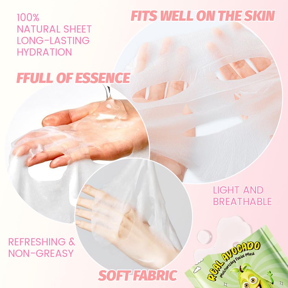 8 Pack Avocado Fruit Face Masks for Kids,Hydrating Spa Face Mask For Sensitive Skin,Moisturize,Soothing,Nourish for All Skin Types,Natural Spa Face Mask for Women Men Girls