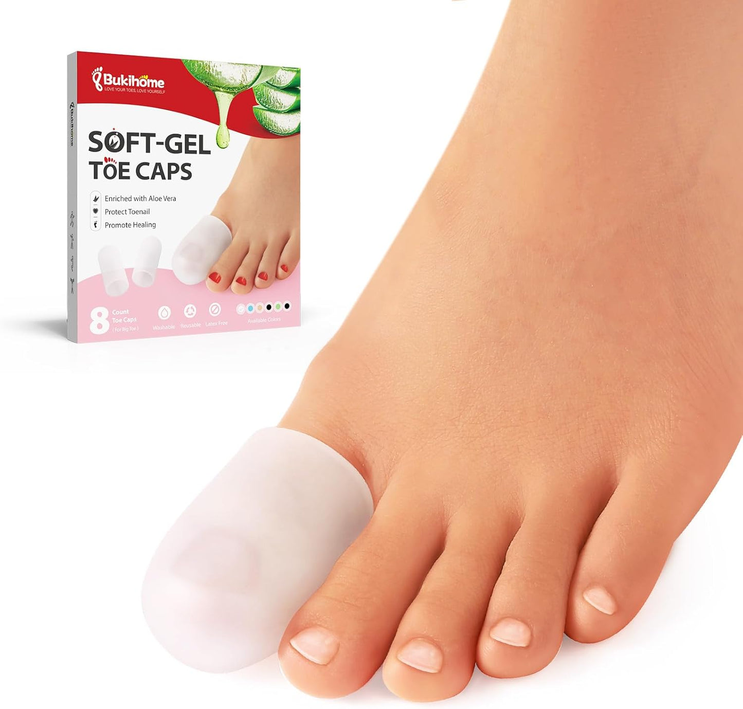 Bukihome Gel Big Toe Caps and Protectors - 8 Pack Silicone Toe Protectors with Aloe Vera Extract - Toe Sleeves Cushions for Women & Men - Protect Corns, Blister - Large