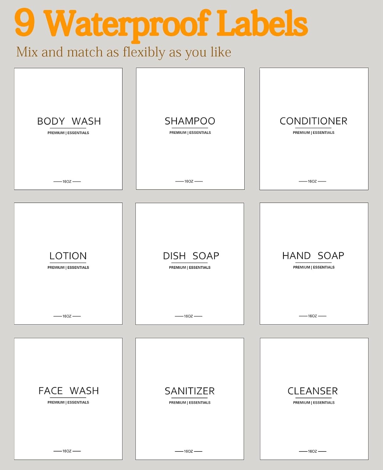 Shower Shampoo and Conditioner Bottles, Apothecary Dispenser Bamboo Pump, Refillable Bottles for Lotion Oil Hand Soap and Dish Soap, Plastic Set (3 Bottles 9 Labels) (3, Clear)