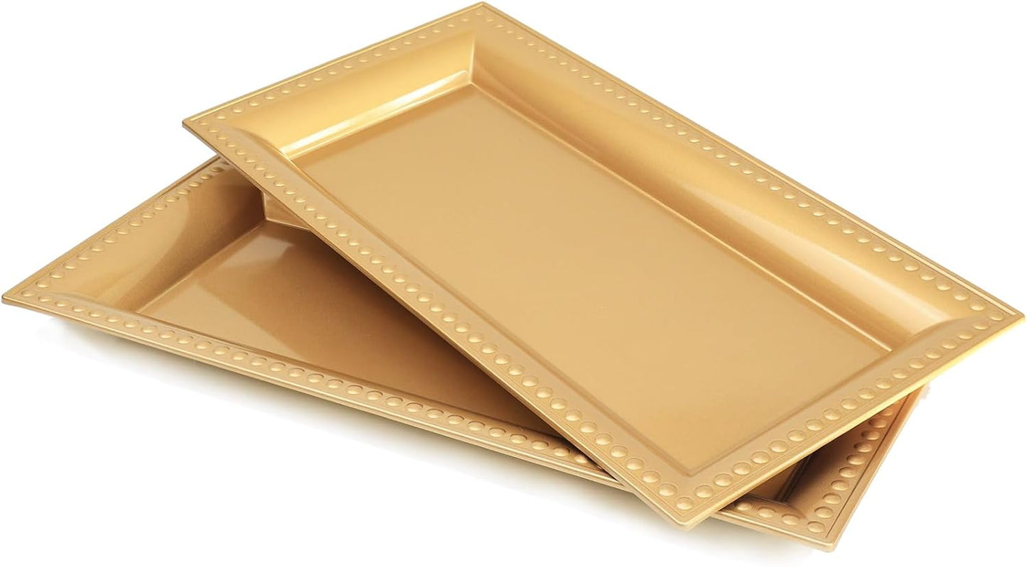 2 Pack Gold Bathroom Vanity Tray for Countertop with Beads, Small Plastic Toilet Tank Versatile Storage Organization Tray for Makeup, Perfume, Desk, Kitchen, Candles, 14"x7"x1", 36G