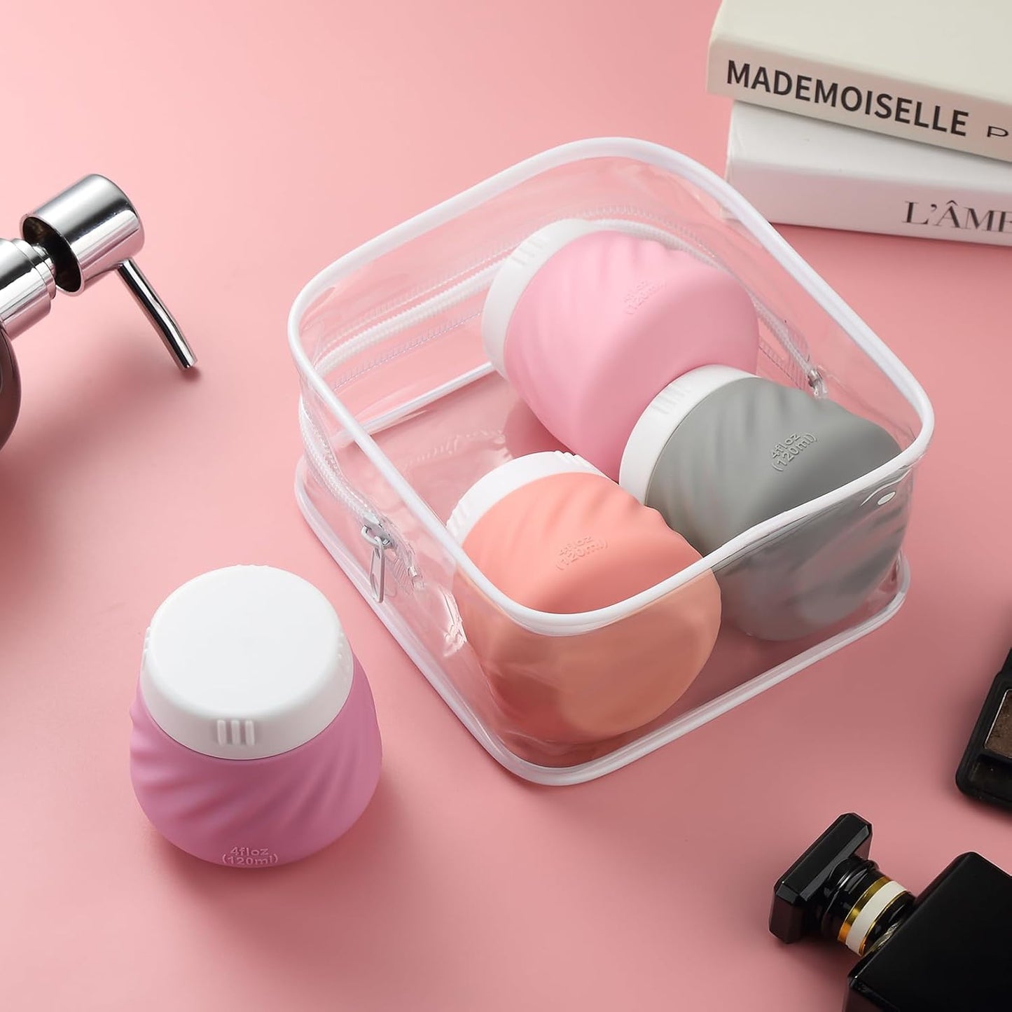 Gemice 4 OZ Travel Size Containers for Toiletries, 4-Pack Leak-Proof Silicone Slime Jars with Lids, BPA Free Small Round Cosmetic Slime Container for Lotion, Cream, Ointments, Travel Essentials