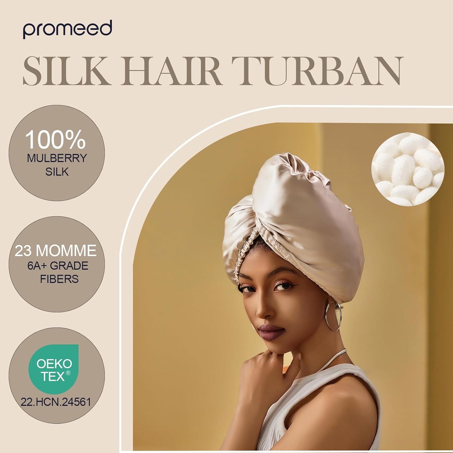 PROMEED Long Silk Hair Turban with Hyaluronic Acid Infusion, 100% 23 Momme Mulberry Silk Bonnet Hair Wrap for Sleeping