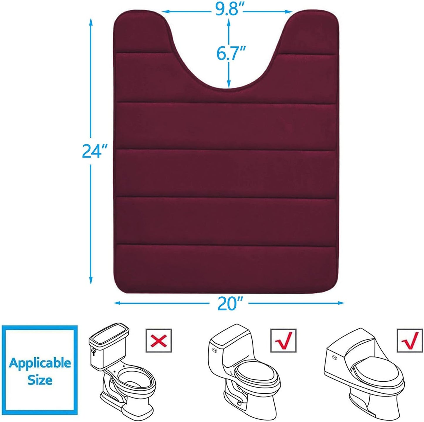 Buganda Memory Foam U-Shaped Contour Toilet Rugs, Non Slip Absorbent, Thick Soft Washable Bathroom Mat, Floor Carpet Bath Rugs Mat for Toilet Base (24" x 20", Burgundy)