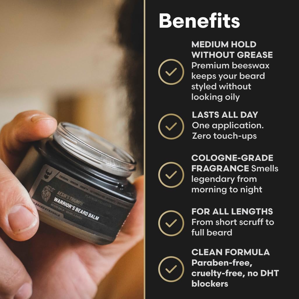 The Beard Struggle Warrior’s Beard Balm - Gold Collection, Hoenir's Poem - Non-Greasy Low-Hold Formula, Luxurious Cologne-Grade Fragrances 100% Natural and Plant-Based Ingredients - 50g