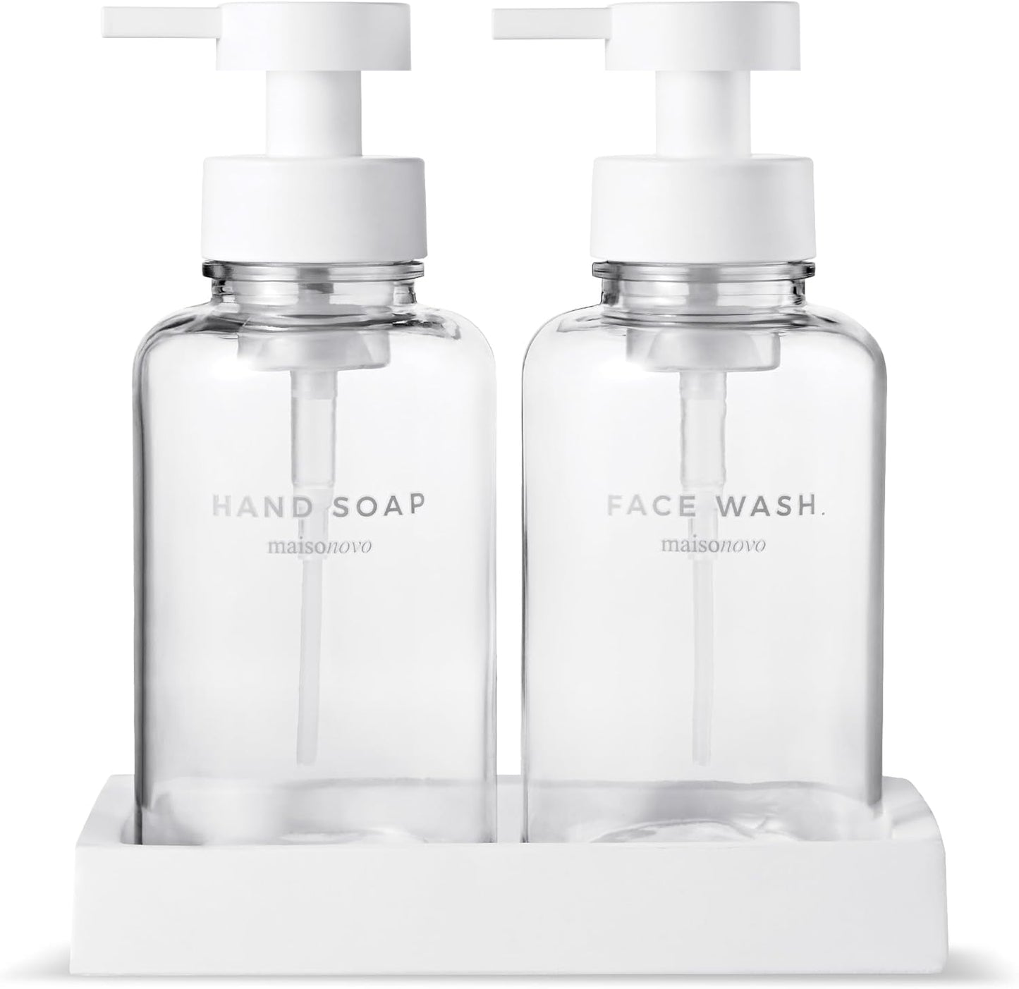 MaisoNovo Glass Foaming Soap Dispenser 14 Oz | Clear Glass White Pumps x 2 with Tray