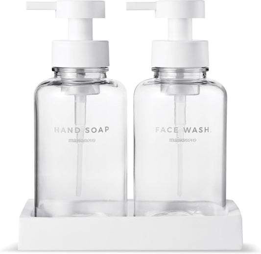 MaisoNovo Glass Foaming Soap Dispenser 14 Oz | Clear Glass White Pumps x 2 with Tray
