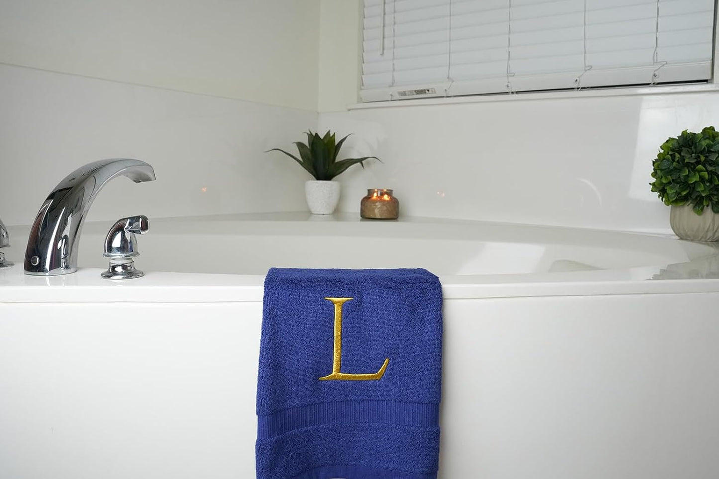 Navy and Gold Bathroom Hand Towel - Monogrammed Luxury Hotel Quality Decorative Embroidered Towel for Powder Room, Spa - GOTS Organic Certified - Pack of 2, Letter L