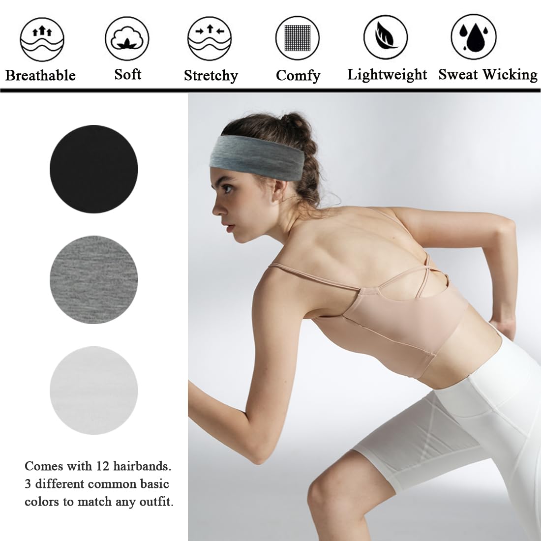 Headbands For Women 12 Pack Sweat Headband Yoga Black White Elastic Head Bands Women’s Hair Band Workout Hairbands Accessories