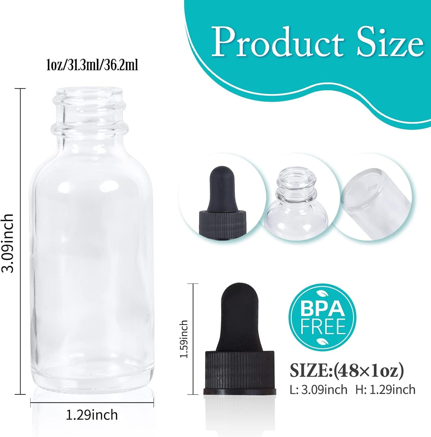 2 oz Dropper Bottle 48 Pack Clear Glass Boston Bottles 60ml with Eye Droppers Black Caps for Essential Oils, Perfume, Leak Proof Travel Bottles for Liquids