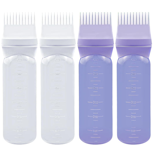 ELANE 4 Pcs Root Comb Applicator Bottle, 6oz, Hair Oil Applicator Bottle for Hair, Salon, Travel, Camping (White+Purple)