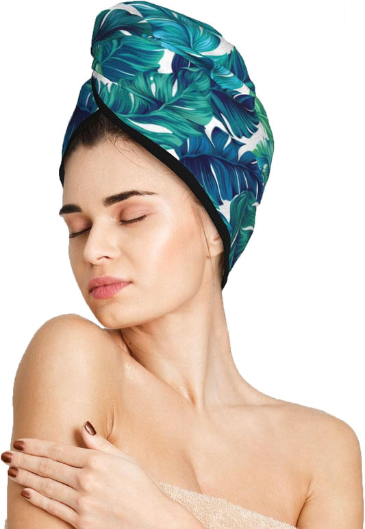 Tropical Palm Leaves Hair Towel Wrap Microfiber Fast Drying Hair Turban with Buttons for Women Drying Curly, Long & Thick Hair