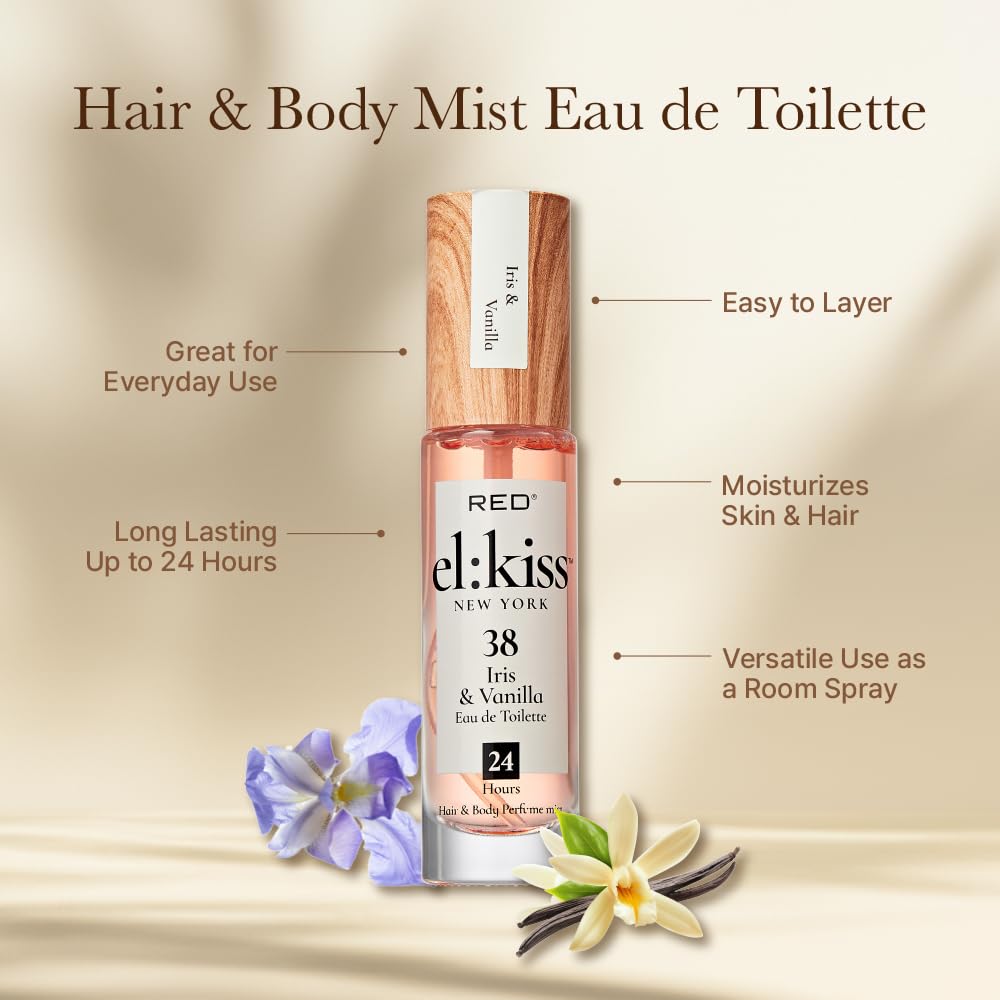 EL:KISS Hair Perfume & Body Mist, Iris & Vanilla Inspired by La V. E. Belle, Eau de Toilette 30mL (1.01 Fl Oz), Hydrating & Long-Lasting, Alcohol & Mineral Oil-Free, Jojoba, Argan Oil & Aloe Vera