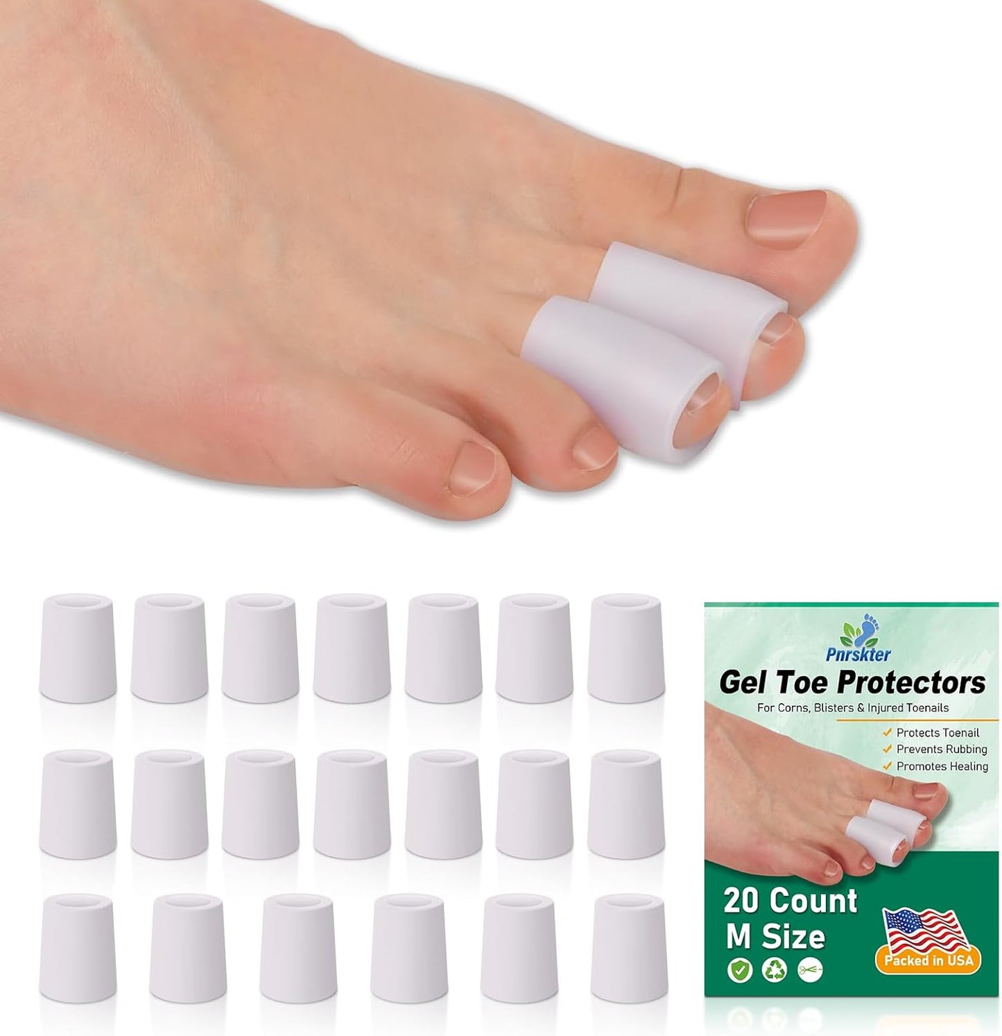 Pnrskter Gel Toe Protectors Caps - Open Toe Sleeves(20pcs-Medium), Toe Covers Toe Tubes for Blisters, Corns, Calluses, Hammer Toes, Rubbing, and Ingrown Toenails