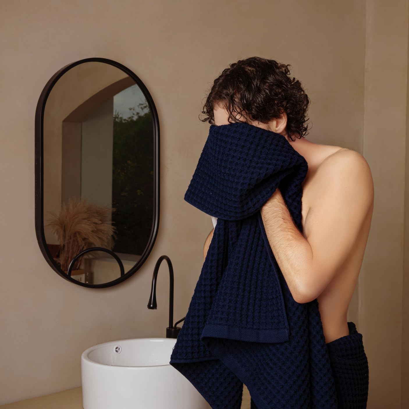 Luxury Japanese Cotton Waffle Bath Towel | Plush, Absorbent, and Quick Dry | Free Storage Bag Included (Ocean Blue, Bath Sheet (Set of 2))