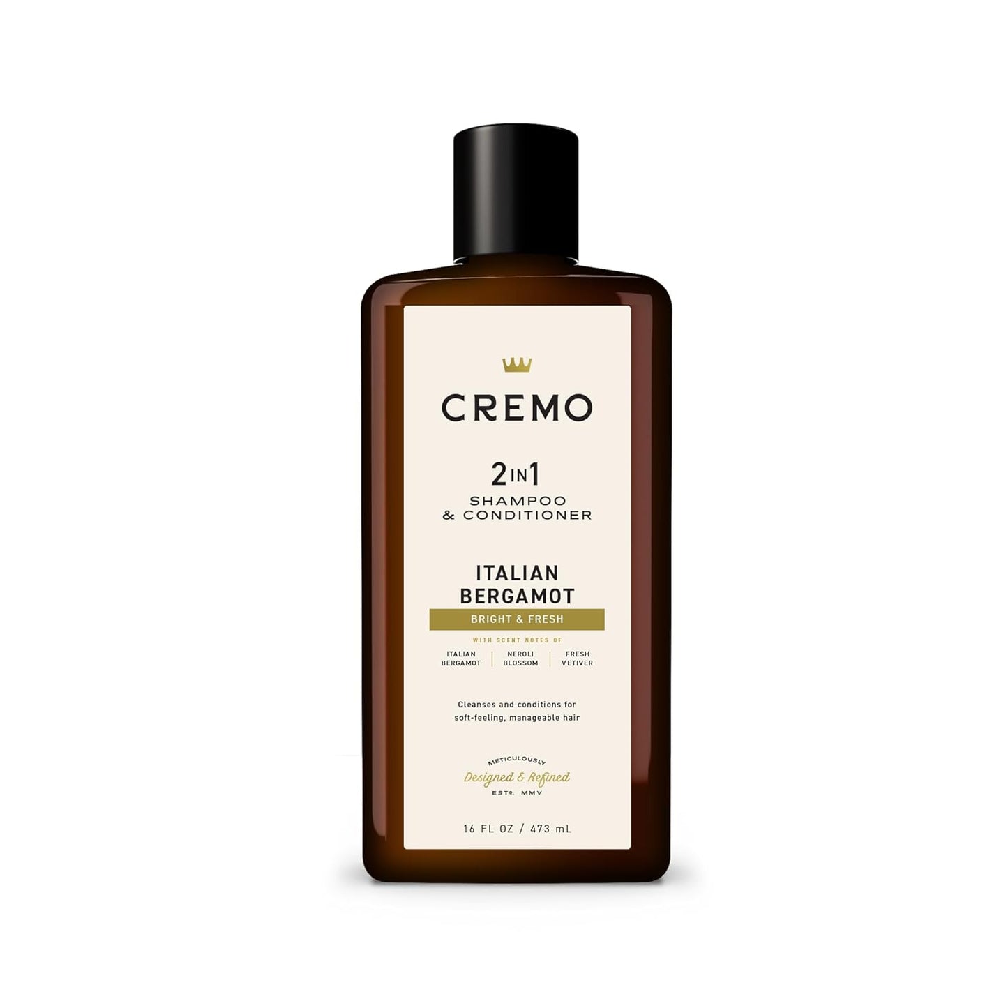 Cremo Italian Bergamot 2 in 1 Shampoo & Conditioner for Men, Notes of Italian Bergamot, Neroli Blossom, and Fresh Vetiver, 16 Fl Oz