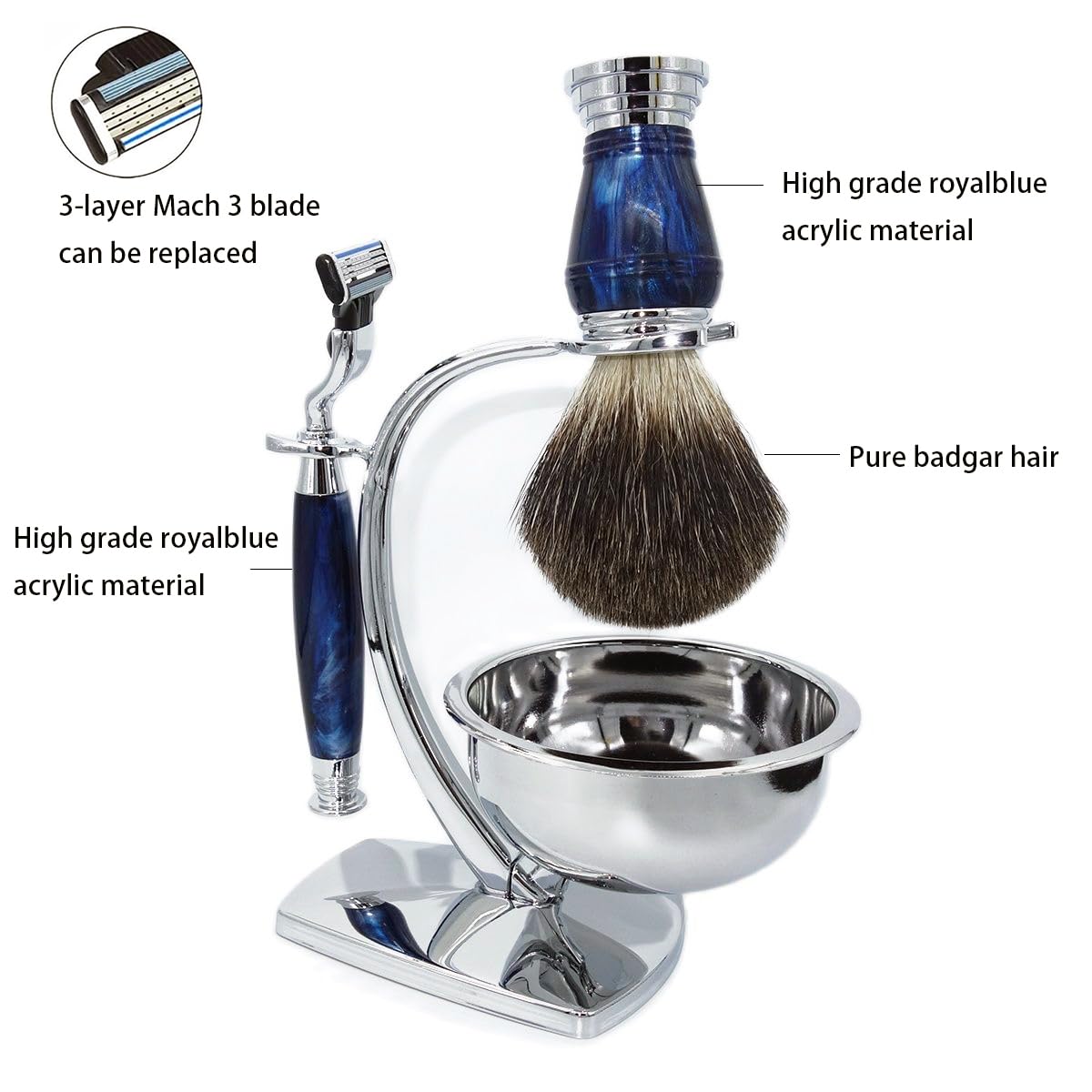 Professional Classic Mach 3 Safetry Razor Shaving Kit for Men with 3-Layer Triple Blade,Shaving Clean Brush Stand,Mug Bowl Set,Barbershop Smooth Shaver Set