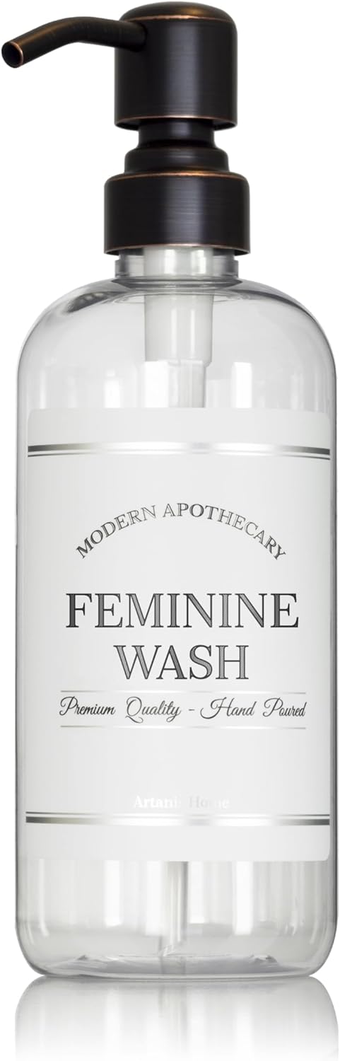 Refillable Clear PET Plastic 16 oz Feminine Wash Bottle with Oil Rubbed Bronze Pump Dispenser - Chrome Accent Waterproof Labeled Bottle