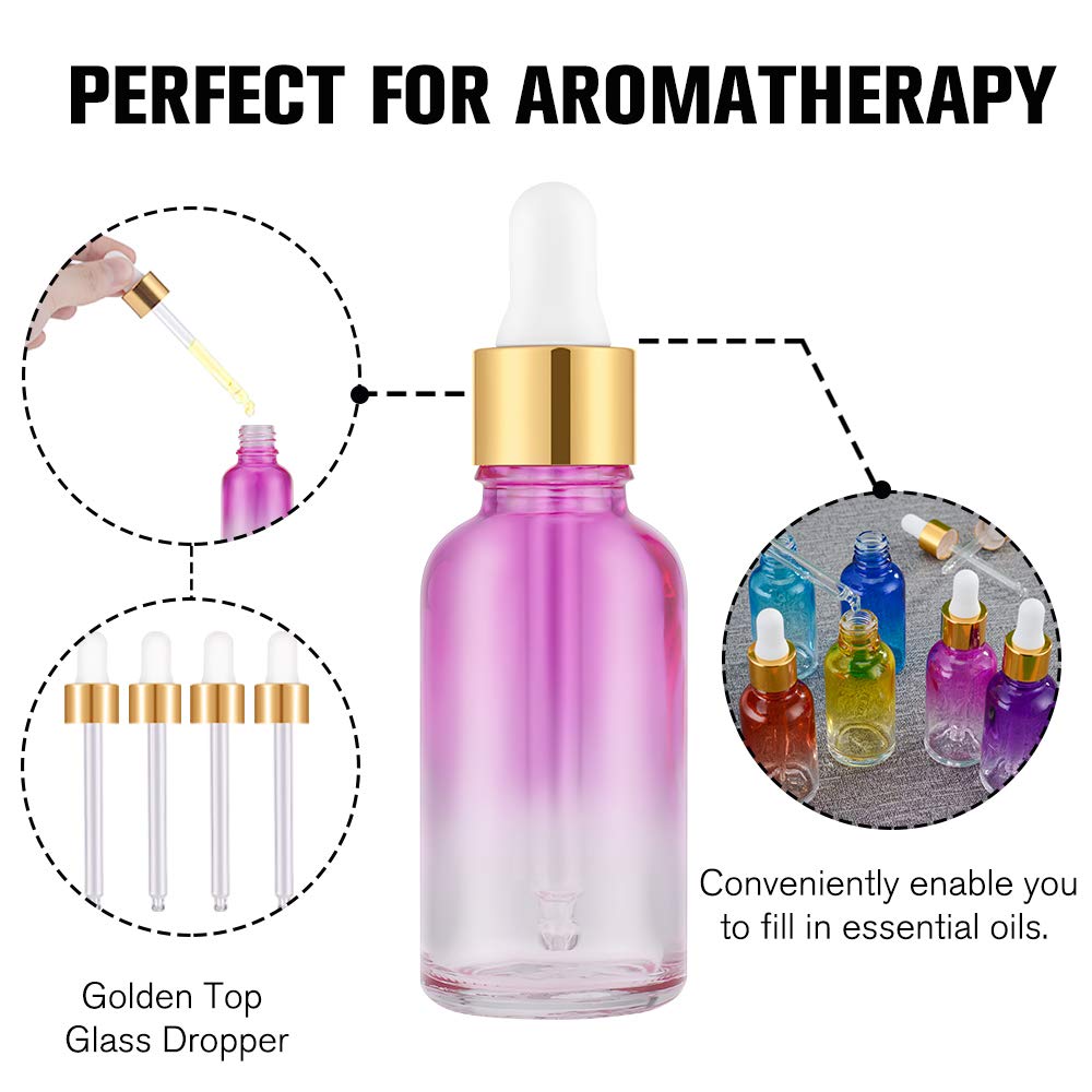 PrettyCare Glass Eye Dropper Bottles 99 Pack, 1oz (30ml) Rainbow Empty Thick Bottles Bulk with Leakproof Golden Caps - With Labels & Funnels for Storage, Travel, Essential Oils, Cuticle, Tinctures