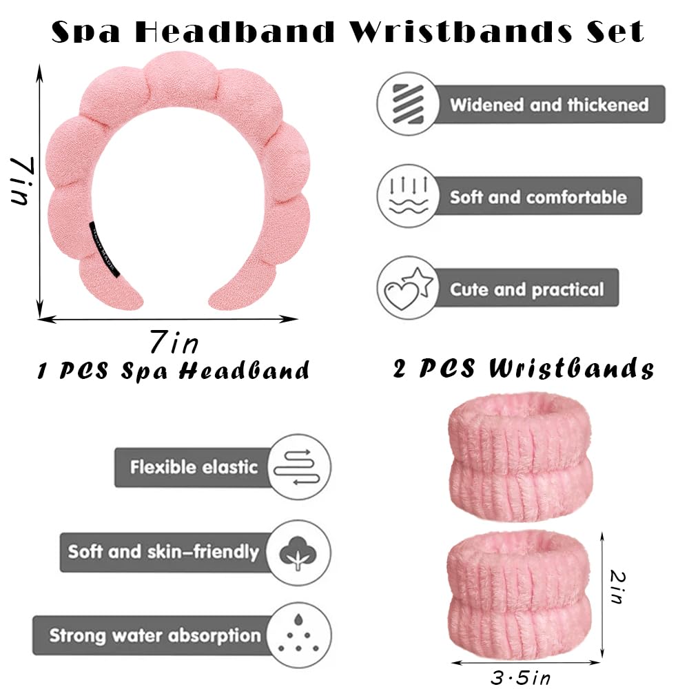 Spa Headbands for Washing Face Wristband Set Sponge Makeup Skincare Headband Wrist Towels Bubble Soft Terry Towel Cloth Hairband for Women Puffy Headwear Non Slip Thick Thin Hair Headwear (Peach pink)