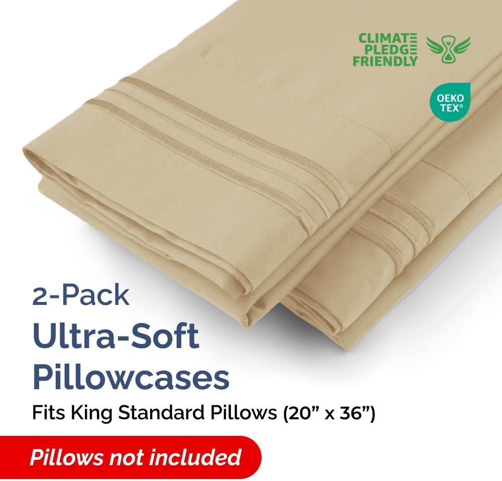 King Standard Pillow Cases Set of 2 - Ultra-Soft Hotel Quality Pillowcase Covers - Comfy, Cozy & Fade Free - Wrinkle Resistant - Machine Washable Pillow Protectors - 2 Piece Set - King Standard Beige