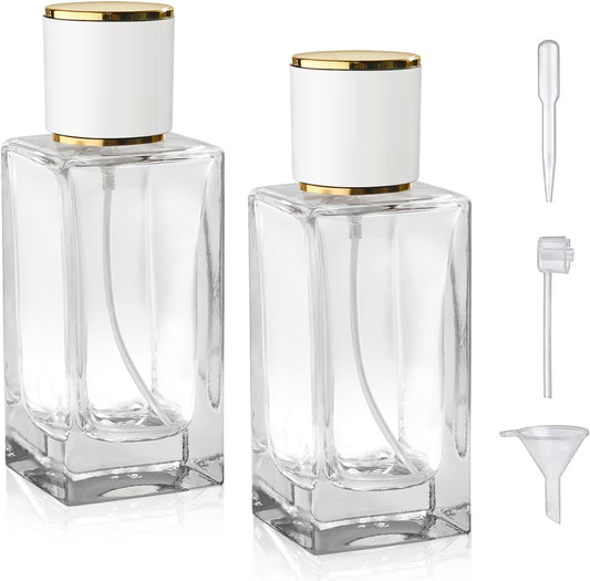 2 Pack 50ml/1.7 Oz Glass Spray Bottle Perfume Atomizer,Empty Travel Refillable Perfume Spray Bottle with 3 Kinds of Dispenser (White Cap, 50ml)