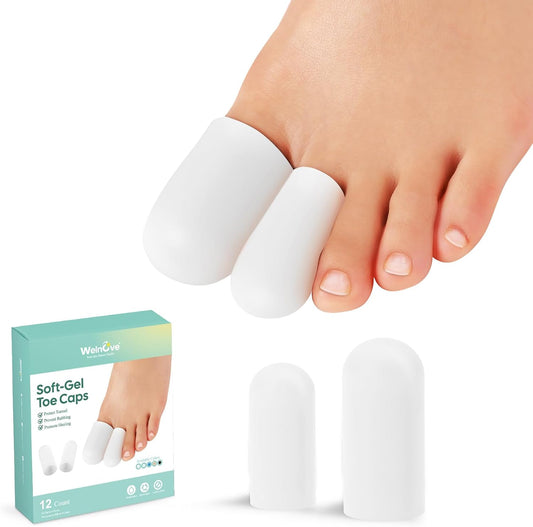 Welnove Gel Toe Cap and Protector - Silicone Toe Covers - Toe Cushions for Pain Relief, Missing or Ingrown Toenails, Corns, Calluses, Blisters (4 Large + 8 Medium, White)