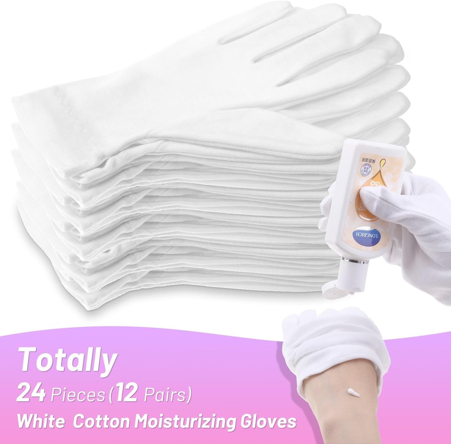 Selizo 12 Pairs 100% White Cotton Gloves for Eczema, Moisturizing Gloves for Dry Hands Overnight Women, Moisture Sleeping Spa Lotion Hand Cream Gloves for Eczema Dry Cracked Hands Sensitive Skin