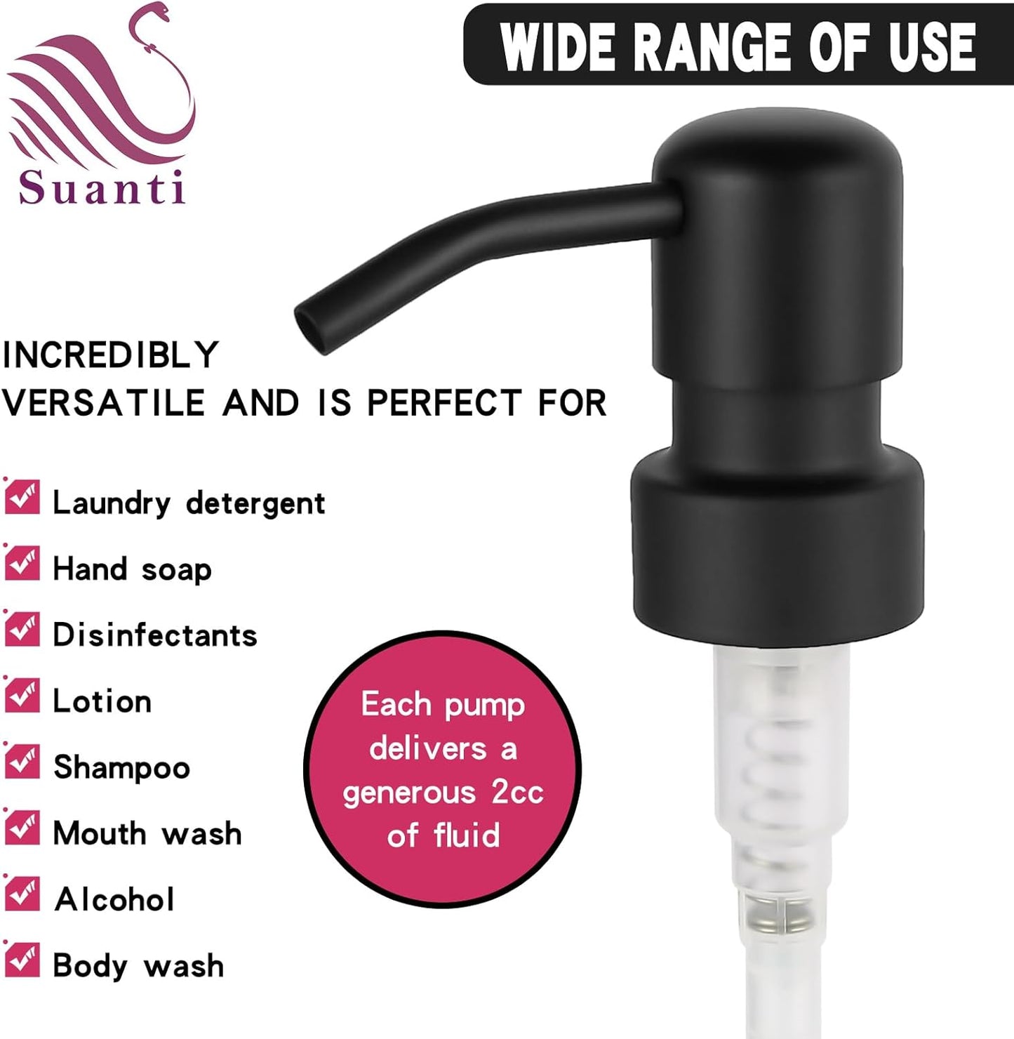 2PCS Stainless Steel Black Soap and Lotion Dispensers Pump Replacement,Smooth Action Replacement for Round 1.1in (28 mm) Neck Bottles,Rust Proof&Leak Proof
