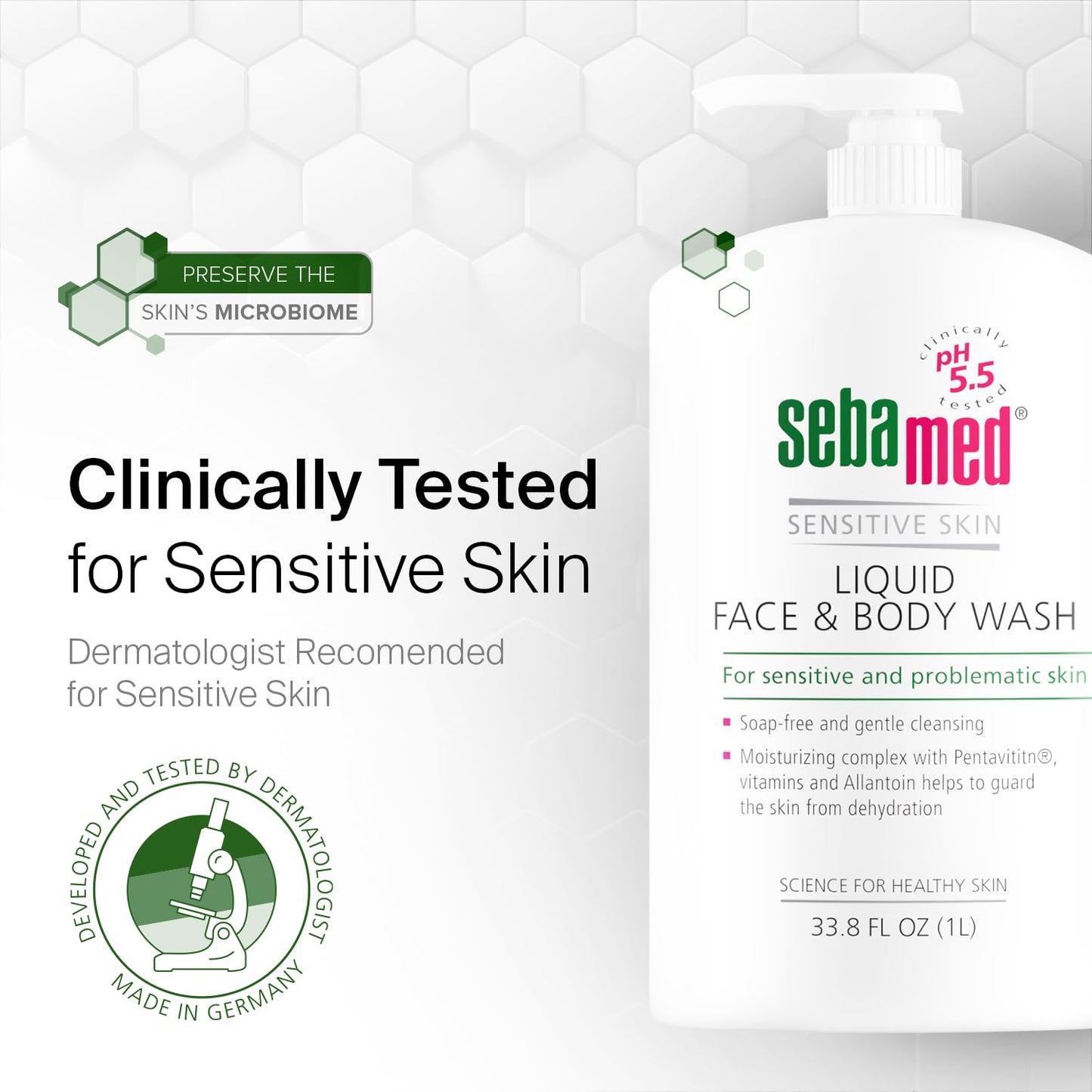 SEBAMED Sensitive Skin Face and Body Wash for Men and Women, pH 5.5, Mild Gentle Hydrating Cleanser, Hypoallergenic Body Wash, Dermatologist Recommended, 33.8 Fluid Ounces (1 Liter)