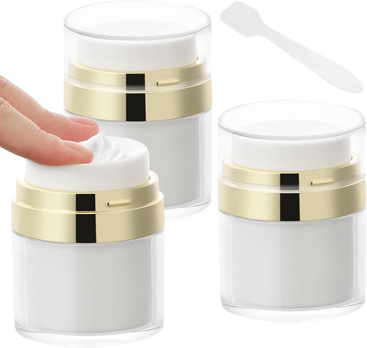 Segbeauty 50ml Airless Pump Bottles Travel, 1.7oz Airless Pump Jars Pack of 3 Gold Empty Makeup Containers Vacuum Bottle Dispenser, Refillable Jar Travel Bottles for Toiletries Moisturizer Container