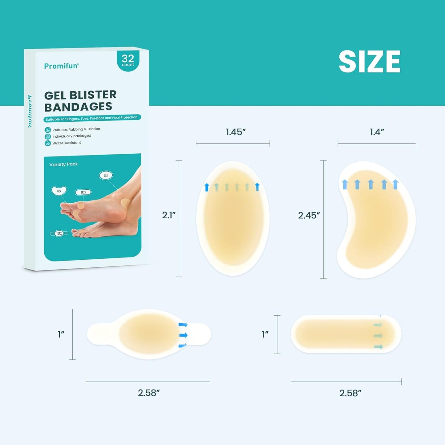Hydrocolloid Gel Blister Bandages Pads - (Variety Pack) Promifun 32ct Waterproof Adhesive Blisters Bandages - Blister Pads for Heel, Foot, Toe, Feet - Gel Blister Chshions for Prevention & Recovery