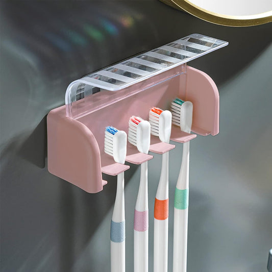5 Slots Toothbrush Holder Wall Mount with Cover, Self Adhesive Toothbrushes Storage Organizer Perfect for Dorm Bathrooms and Shower, Holds 5 Toothbrushes. (Pink)