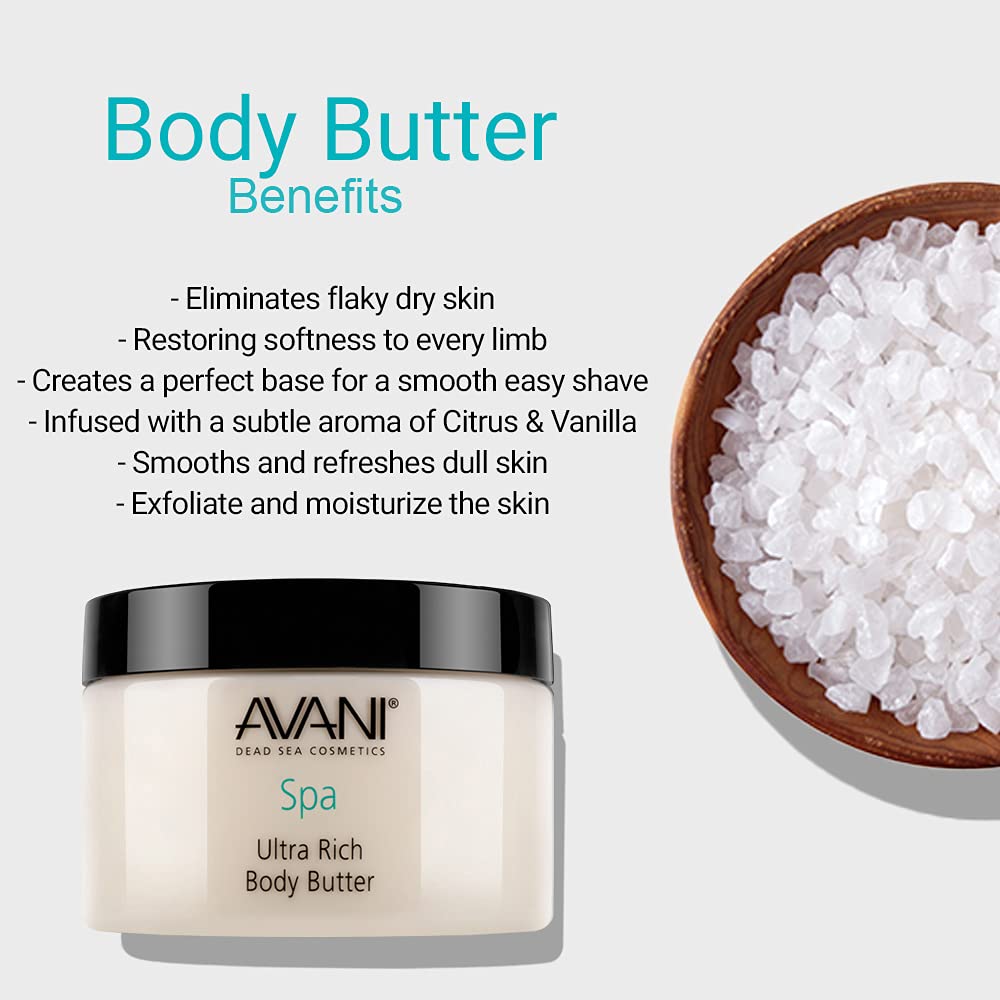 Avani Dead Sea Body Butter – Ultra-Rich Exfoliating & Hydrating Formula with Aloe Vera, Shea, Jojoba, Sunflower & Olive Oils – Suitable for All Skin Types – Vanilla