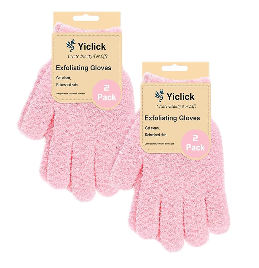 Yiclick Heavy Exfoliating Gloves, Exfoliating Body Scrubber for Bath Shower Exfoliation, Body Scrub Exfoliator for Dead Skin Remover, Exfoliate Sponge Loofah Washcloth Mitt Men Women (4Pink)