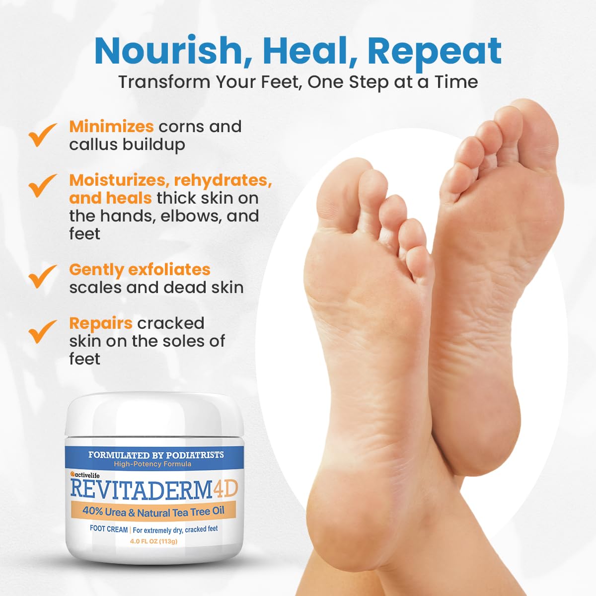 Revitaderm 4D Urea Cream 40% for Feet, Intensive Moisturizing Foot Cream for Dry, Rough, Callused Skin, Includes Free Pumice Stone and Exfoliating Brush, Fast-Absorbing, Fragrance-Free, 4oz, 10 Pack