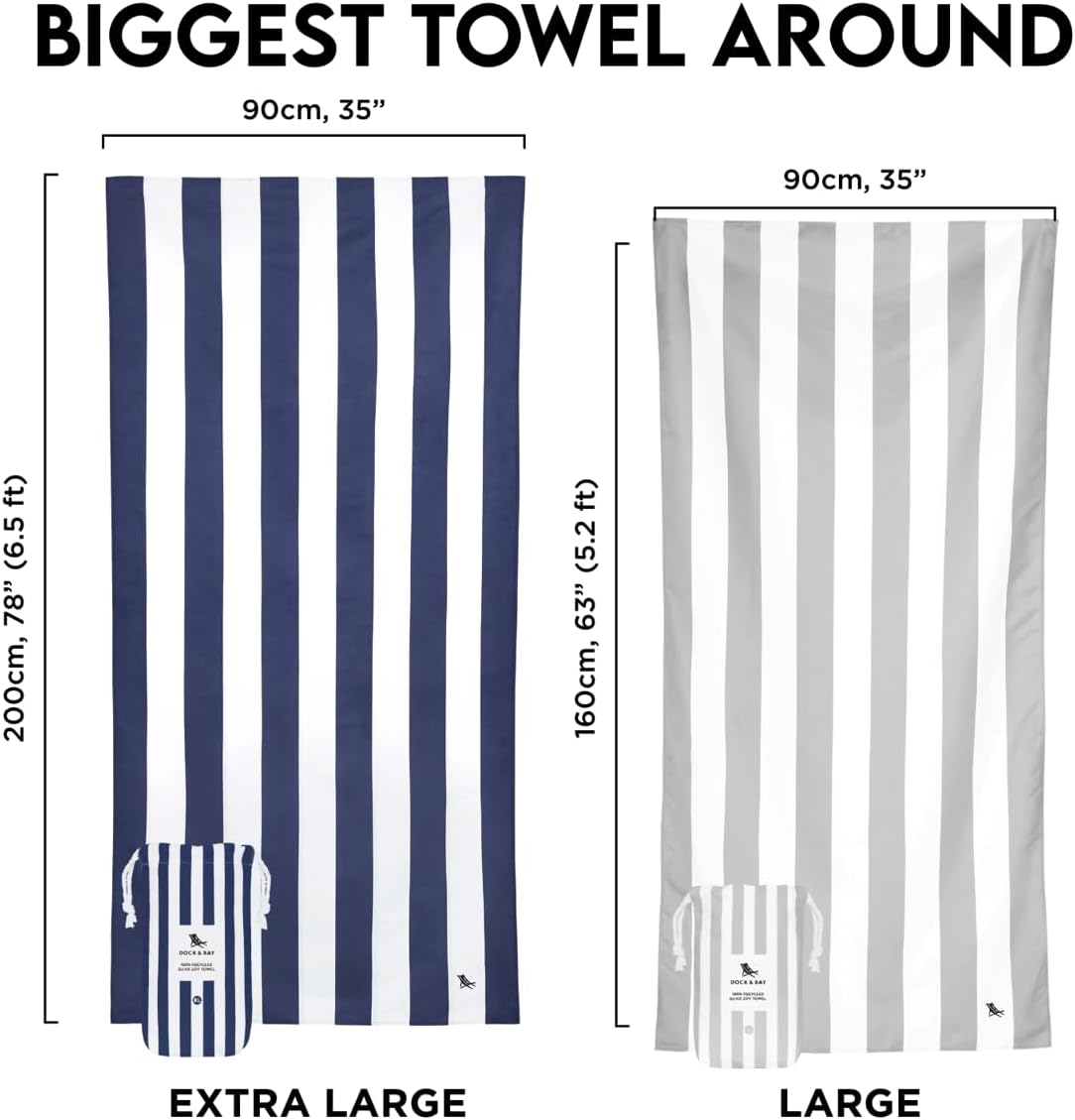 Dock & Bay Beach Towel - Quick Dry, Sand Free - Compact, Lightweight - 100% Recycled - Includes Bag - Cabana - Set of 6 - Extra Large (200x90cm, 78x35)