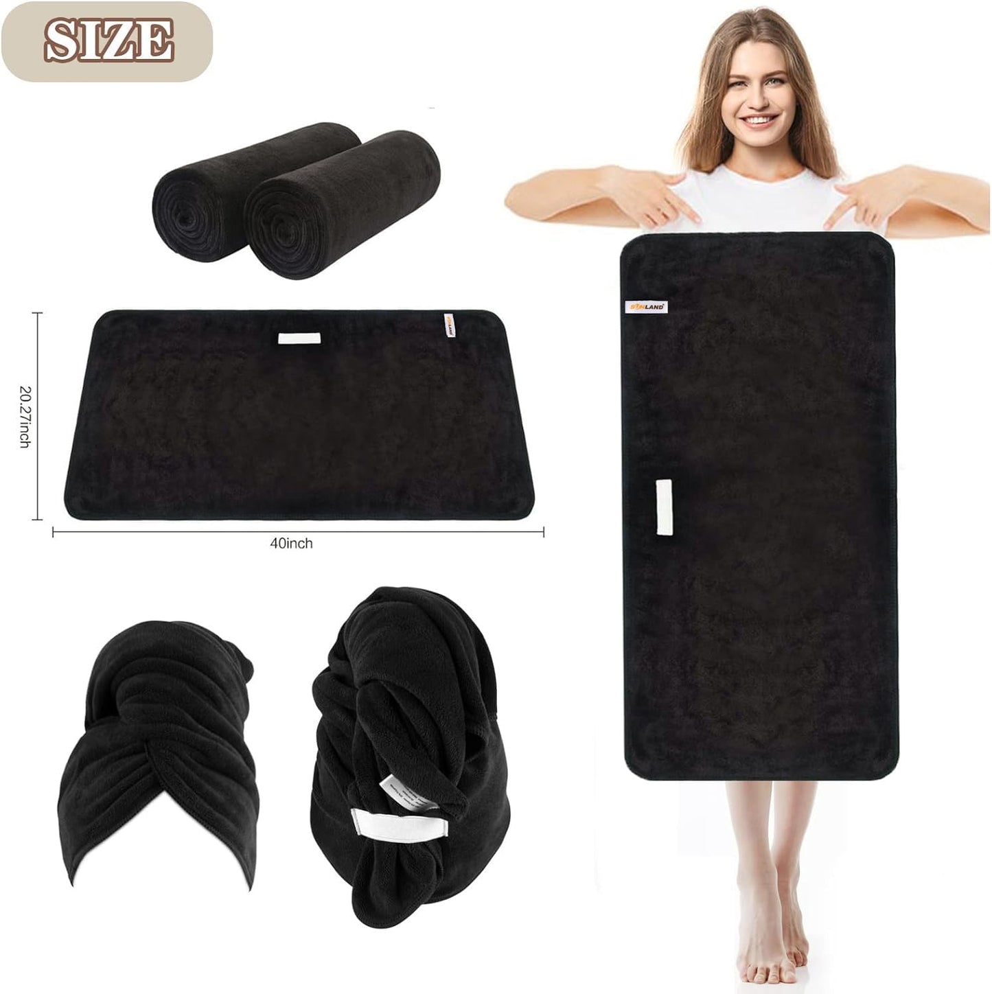 SUNLAND Microfiber Hair Towels Anti Frizz Hair Drying Towel Super Absorbent Fast Drying Turbans for Wet Curly Hair Soft Hair Towel Wrap with Elastic Band for All Hair Types 40 X 20 inches 2Pack Black