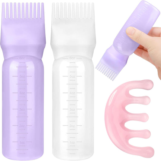 2 Pack Hair Oil Applicator Bottle for Scalp with Massage Comb,6 OZ Hair Oil Bottle with Root Comb for Scalp, Shampoo Scrubber Applicator,Hair Dye Tools(Purple, white)