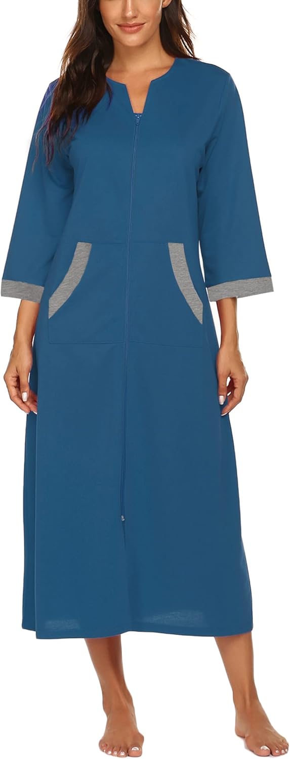 Ekouaer Women Zipper Robe 3/4 Sleeves Loungewear Dress Full Length Sleepwear Pockets Housecoat Nightgown Long Bathrobe