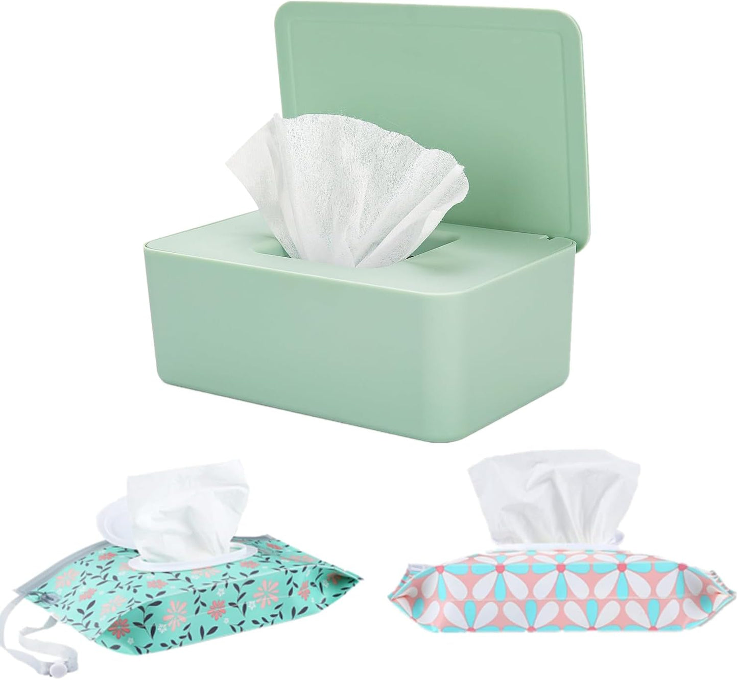 Wipes Dispenser with 2Pcs Portable Refillable Wipe Holder,Reusable Large Wipe Holder Box Flushable Wipes Case Bathroom Wipes Container for Pet Nursery Kitchen Office Counter(Green)