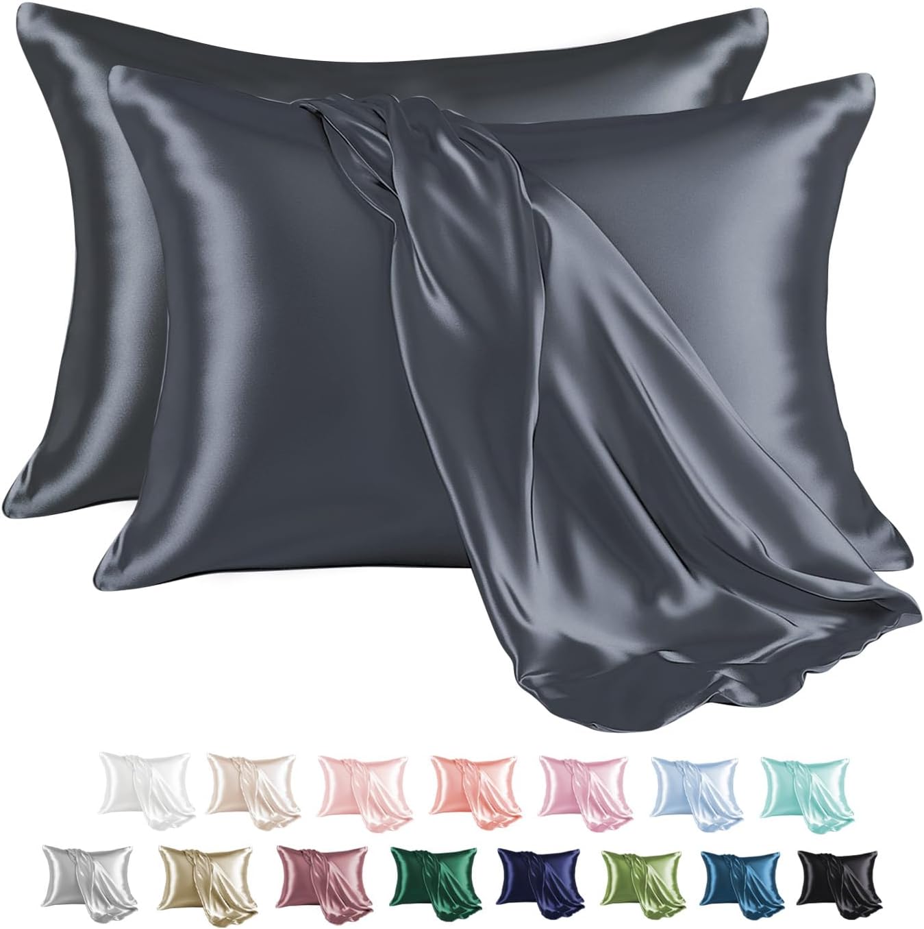 MR&HM Satin Pillowcase for Hair and Skin, Silk Satin Pillowcase 2 Pack, Standard Size Pillow Cases Set of 2, Silky Pillow Cover with Envelope Closure (20x26, Space Grey)